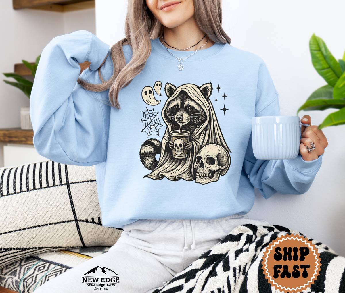 Unisex Raccoon with Skull and Drink Halloween Sweatshirt – Spooky Forest Party Cozy Fall Pullover
