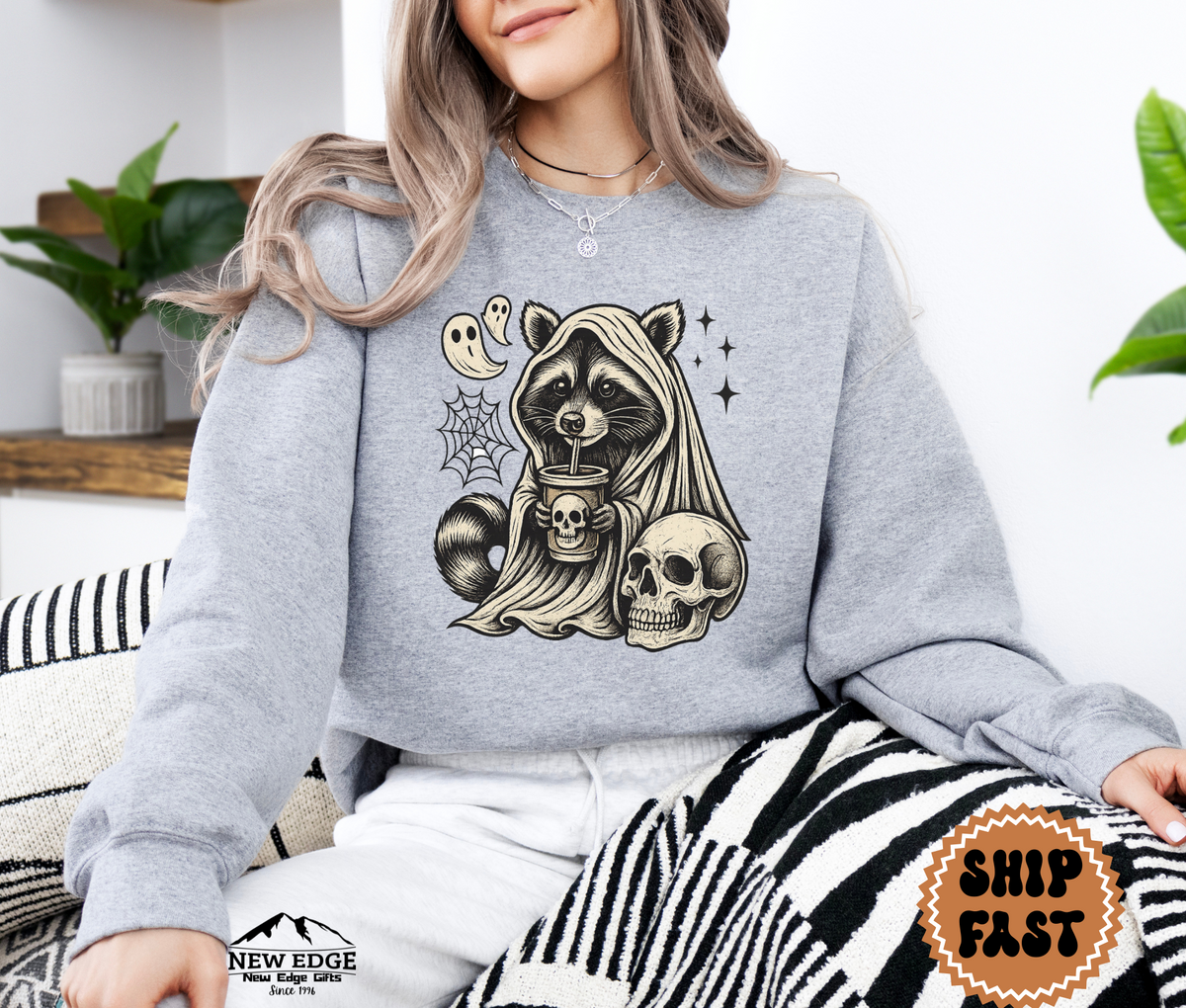 Unisex Raccoon with Skull and Drink Halloween Sweatshirt – Spooky Forest Party Cozy Fall Pullover