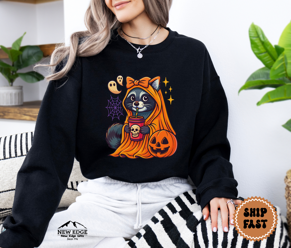 Unisex Raccoon with Pumpkin and Drink Halloween Sweatshirt – Cute Spooky Cozy Fall Pullover