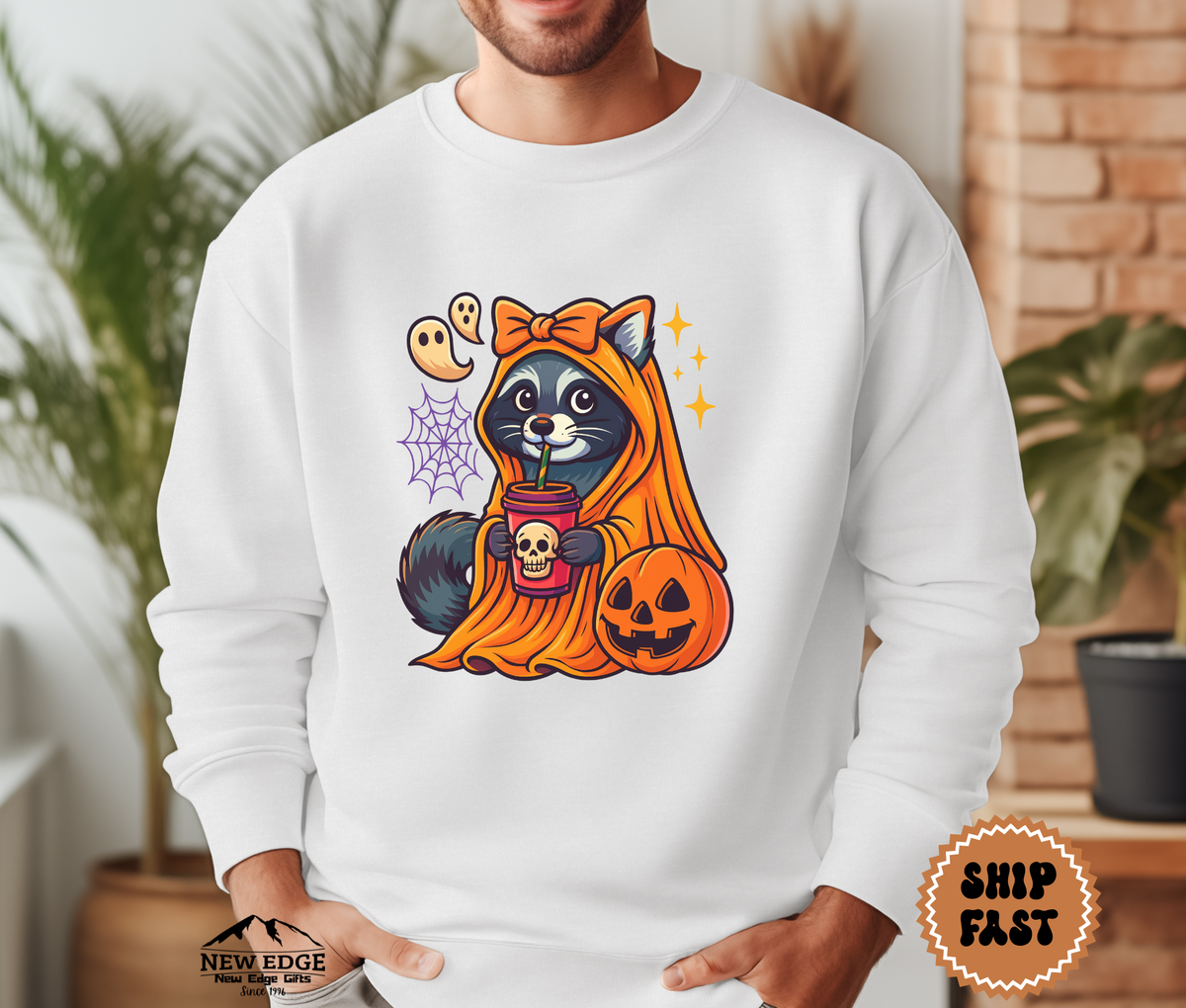 Unisex Raccoon with Pumpkin and Drink Halloween Sweatshirt – Cute Spooky Cozy Fall Pullover