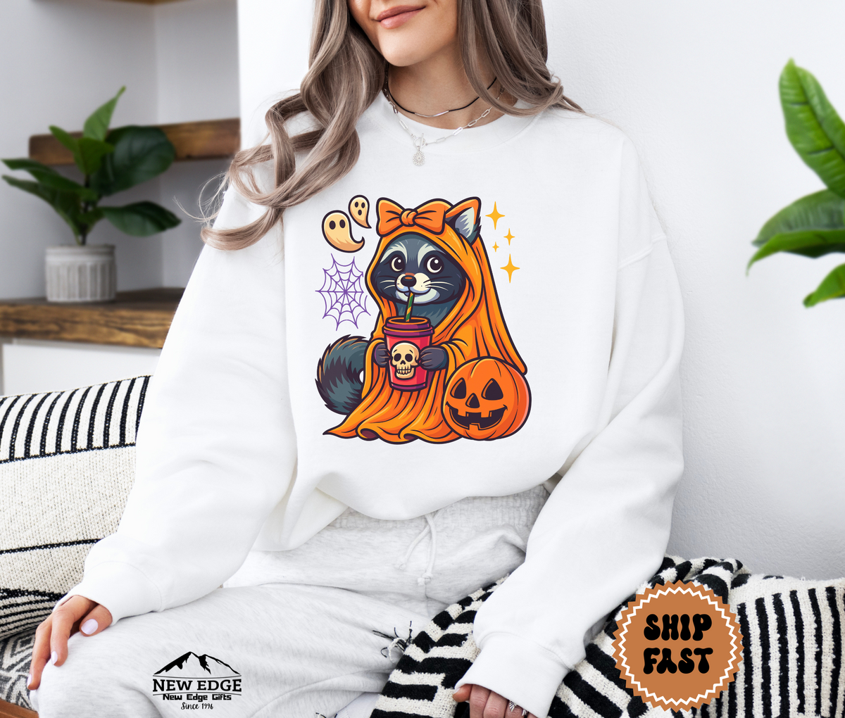 Unisex Raccoon with Pumpkin and Drink Halloween Sweatshirt – Cute Spooky Cozy Fall Pullover
