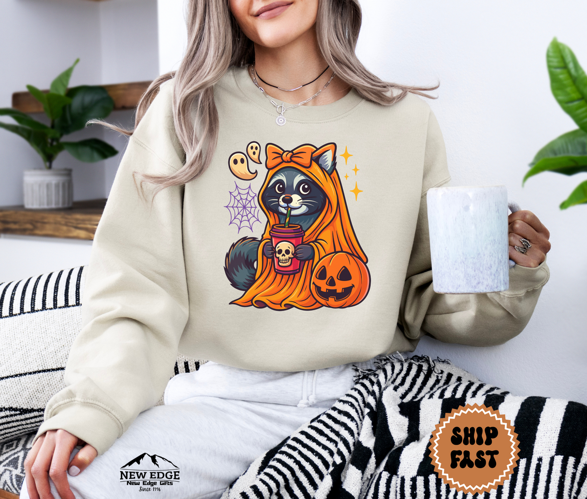 Unisex Raccoon with Pumpkin and Drink Halloween Sweatshirt – Cute Spooky Cozy Fall Pullover