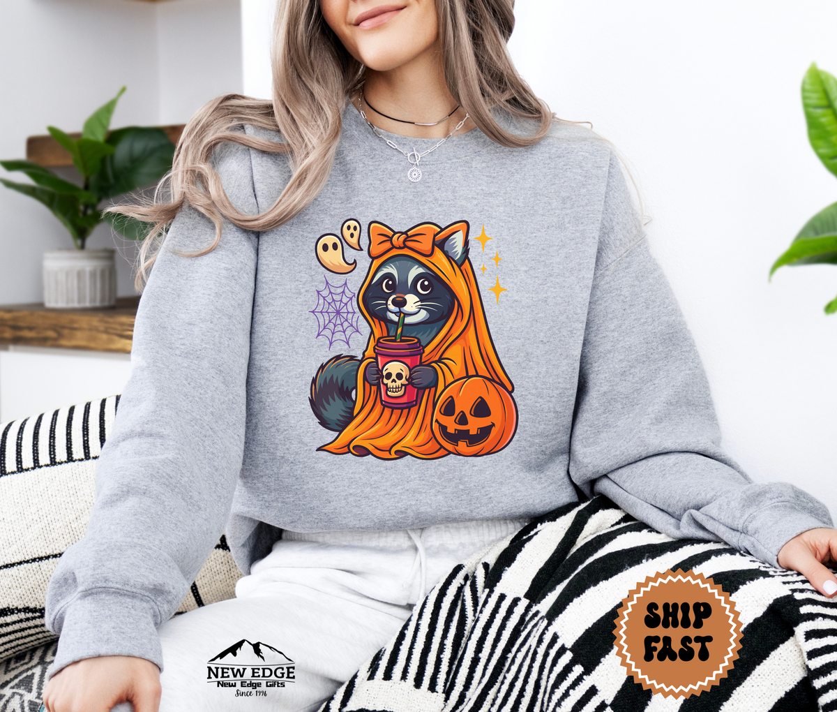 Unisex Raccoon with Pumpkin and Drink Halloween Sweatshirt – Cute Spooky Cozy Fall Pullover