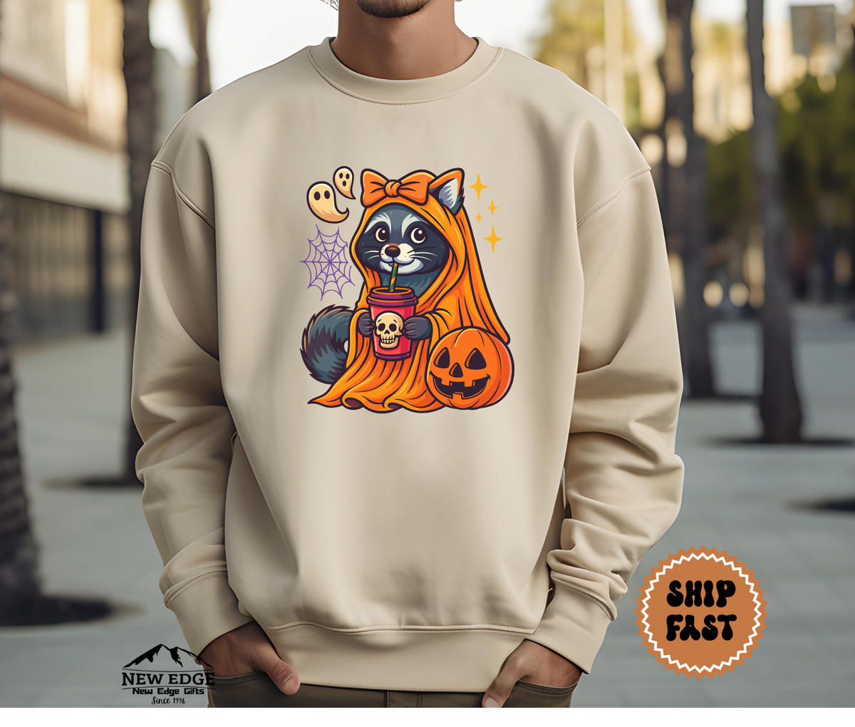 Unisex Raccoon with Pumpkin and Drink Halloween Sweatshirt – Cute Spooky Cozy Fall Pullover