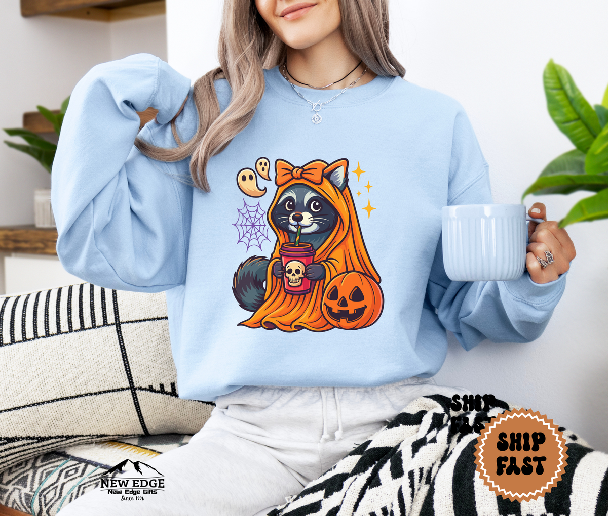 Unisex Raccoon with Pumpkin and Drink Halloween Sweatshirt – Cute Spooky Cozy Fall Pullover