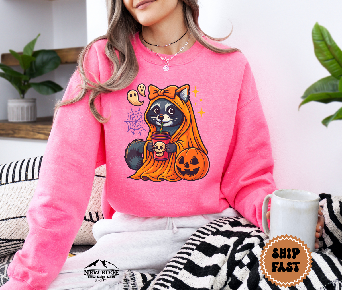Unisex Raccoon with Pumpkin and Drink Halloween Sweatshirt – Cute Spooky Cozy Fall Pullover