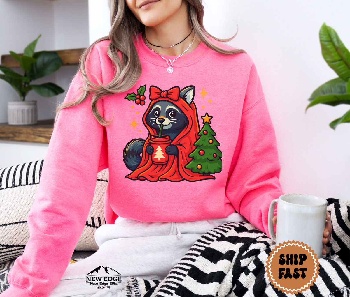 Unisex Raccoon with Drink Christmas Sweatshirt – Cute Holiday Forest Animal Cozy Winter Pullover