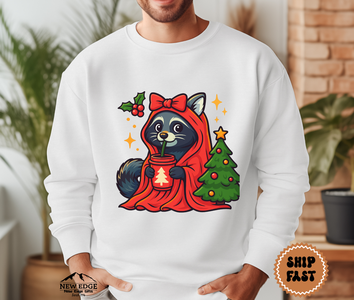 Unisex Raccoon with Drink Christmas Sweatshirt – Cute Holiday Forest Animal Cozy Winter Pullover