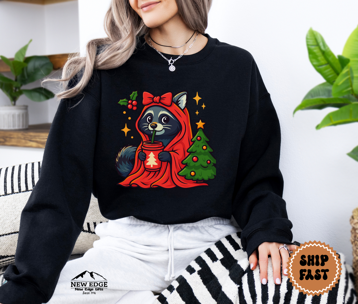 Unisex Raccoon with Drink Christmas Sweatshirt – Cute Holiday Forest Animal Cozy Winter Pullover