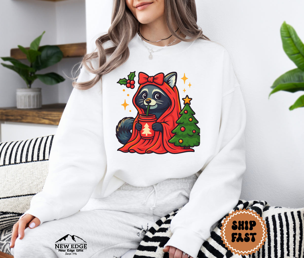 Unisex Raccoon with Drink Christmas Sweatshirt – Cute Holiday Forest Animal Cozy Winter Pullover