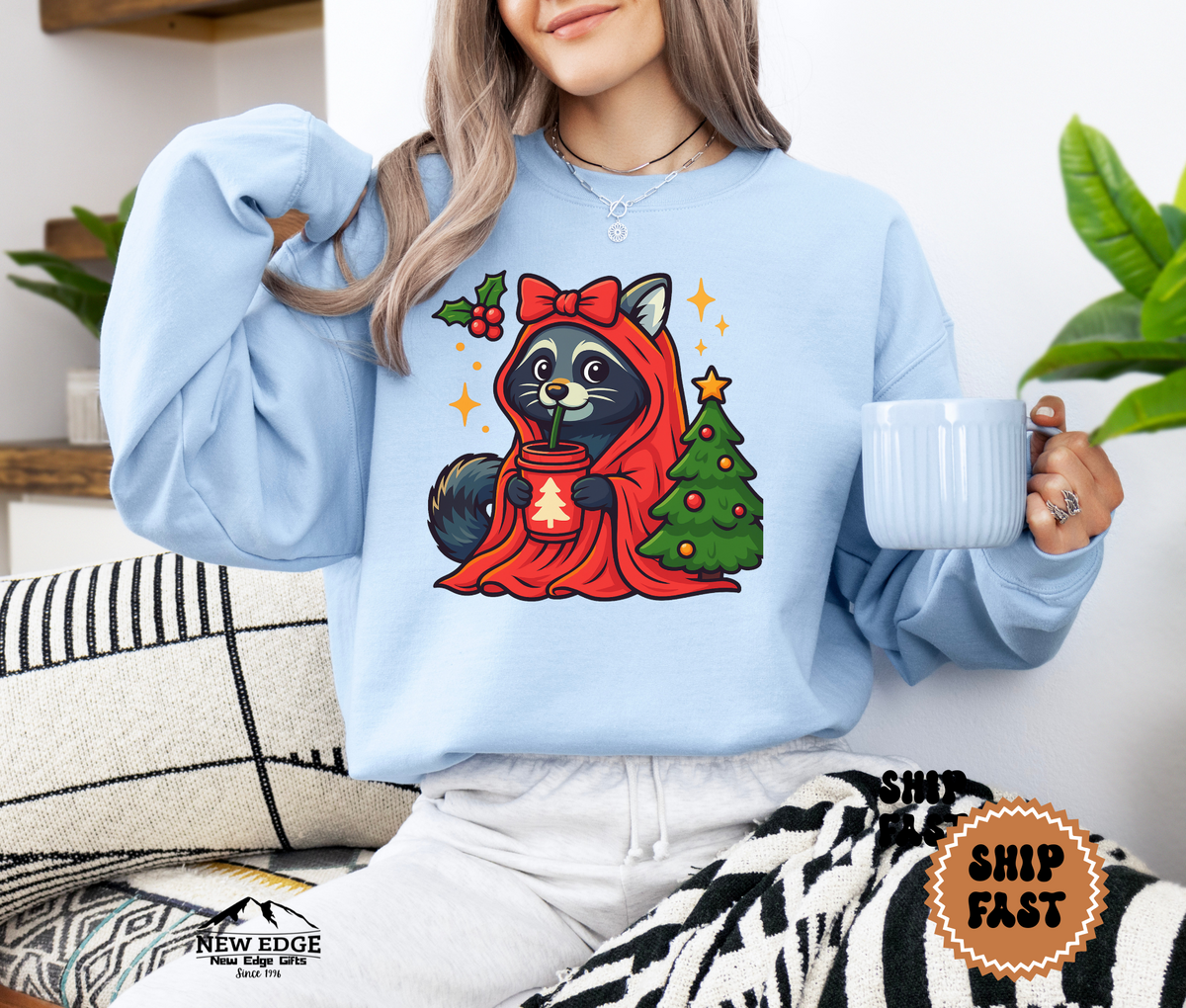 Unisex Raccoon with Drink Christmas Sweatshirt – Cute Holiday Forest Animal Cozy Winter Pullover