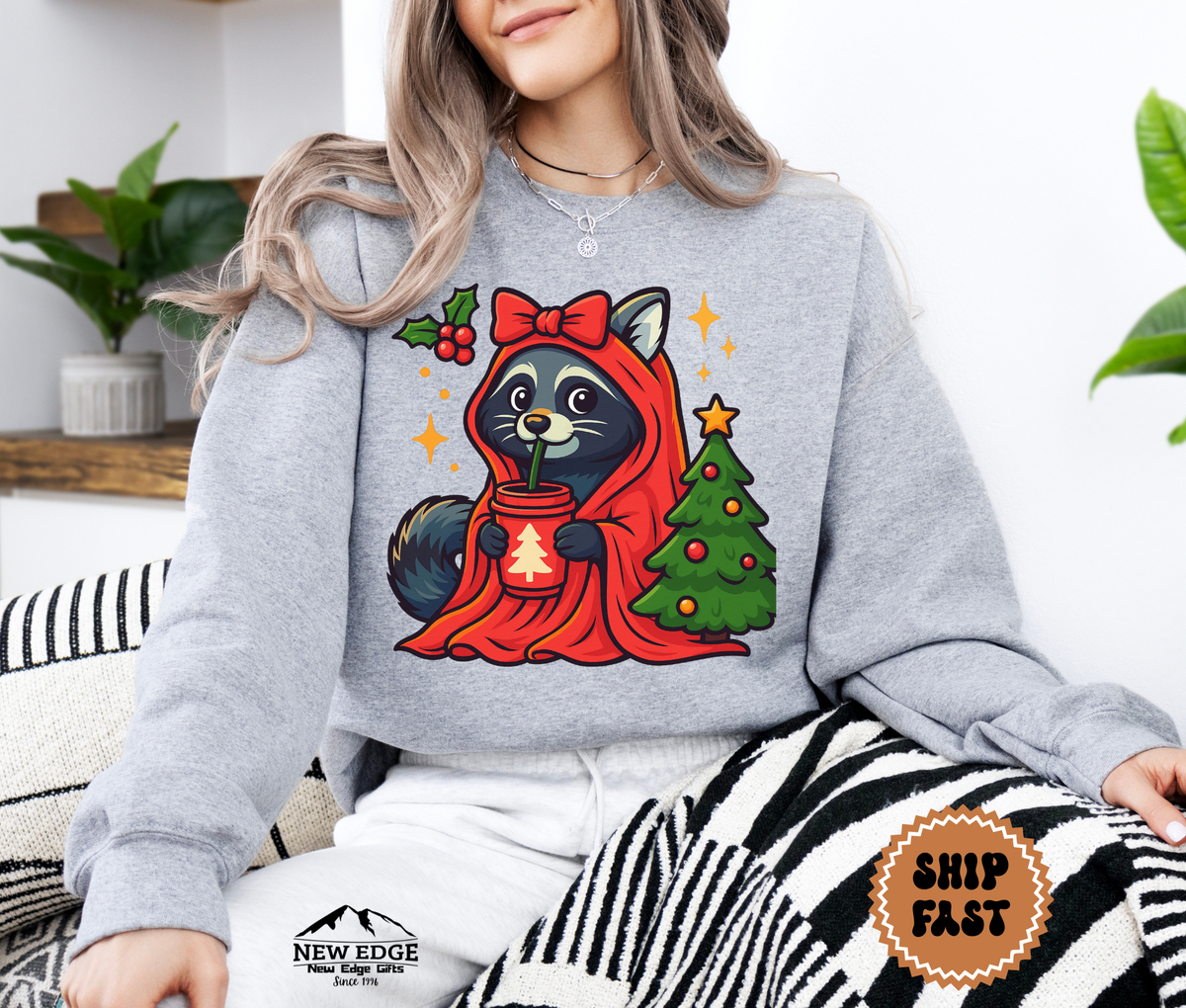 Unisex Raccoon with Drink Christmas Sweatshirt – Cute Holiday Forest Animal Cozy Winter Pullover