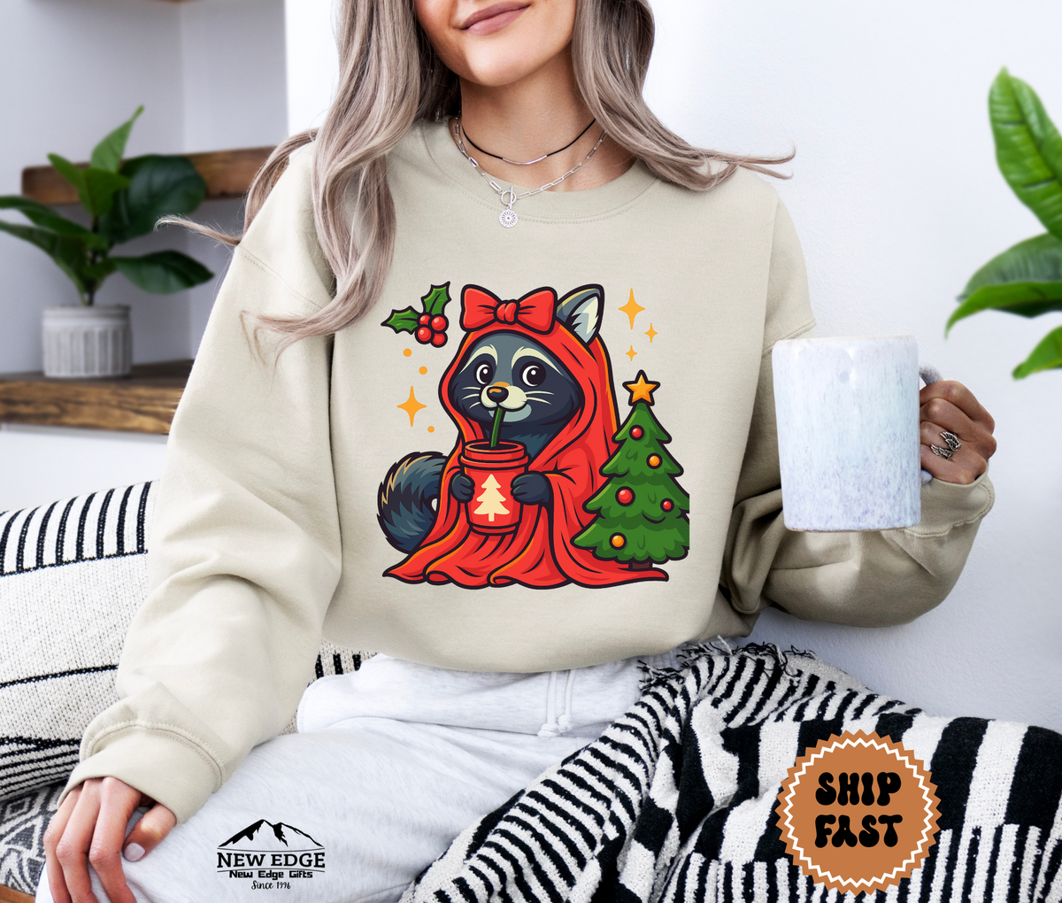 Unisex Raccoon with Drink Christmas Sweatshirt – Cute Holiday Forest Animal Cozy Winter Pullover