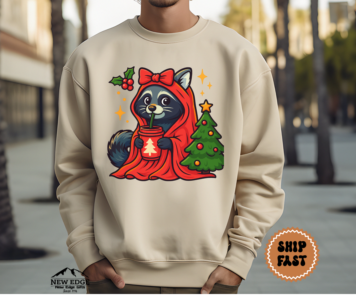 Unisex Raccoon with Drink Christmas Sweatshirt – Cute Holiday Forest Animal Cozy Winter Pullover