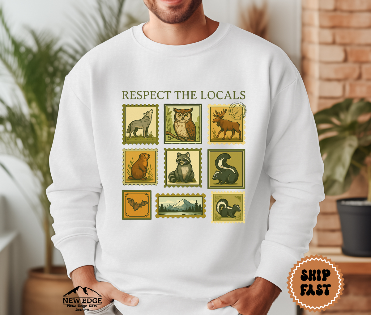 Unisex Respect the Locals Postage Stamp Wildlife Halloween Sweatshirt – Vintage Nature Animal Cozy Fall Pullover