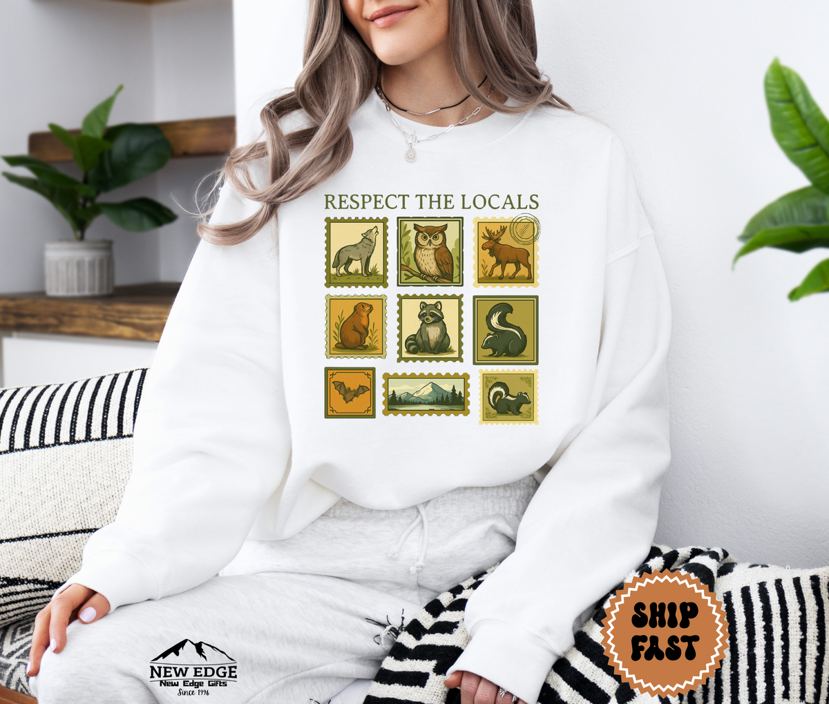 Unisex Respect the Locals Postage Stamp Wildlife Halloween Sweatshirt – Vintage Nature Animal Cozy Fall Pullover