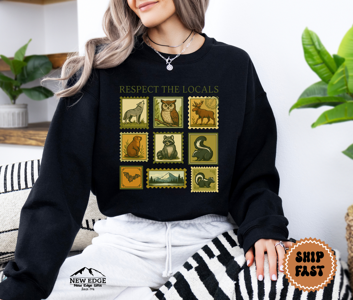 Unisex Respect the Locals Postage Stamp Wildlife Halloween Sweatshirt – Vintage Nature Animal Cozy Fall Pullover
