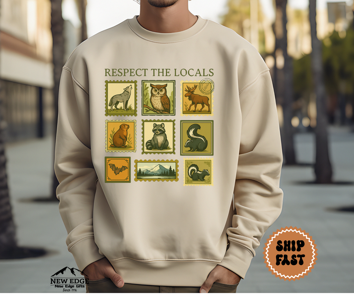 Unisex Respect the Locals Postage Stamp Wildlife Halloween Sweatshirt – Vintage Nature Animal Cozy Fall Pullover