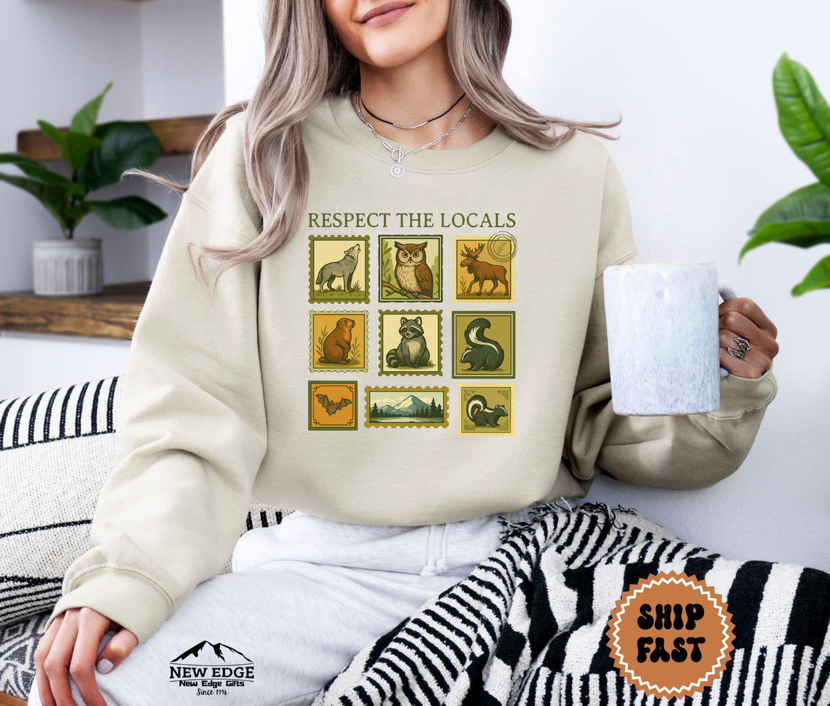 Unisex Respect the Locals Postage Stamp Wildlife Halloween Sweatshirt – Vintage Nature Animal Cozy Fall Pullover