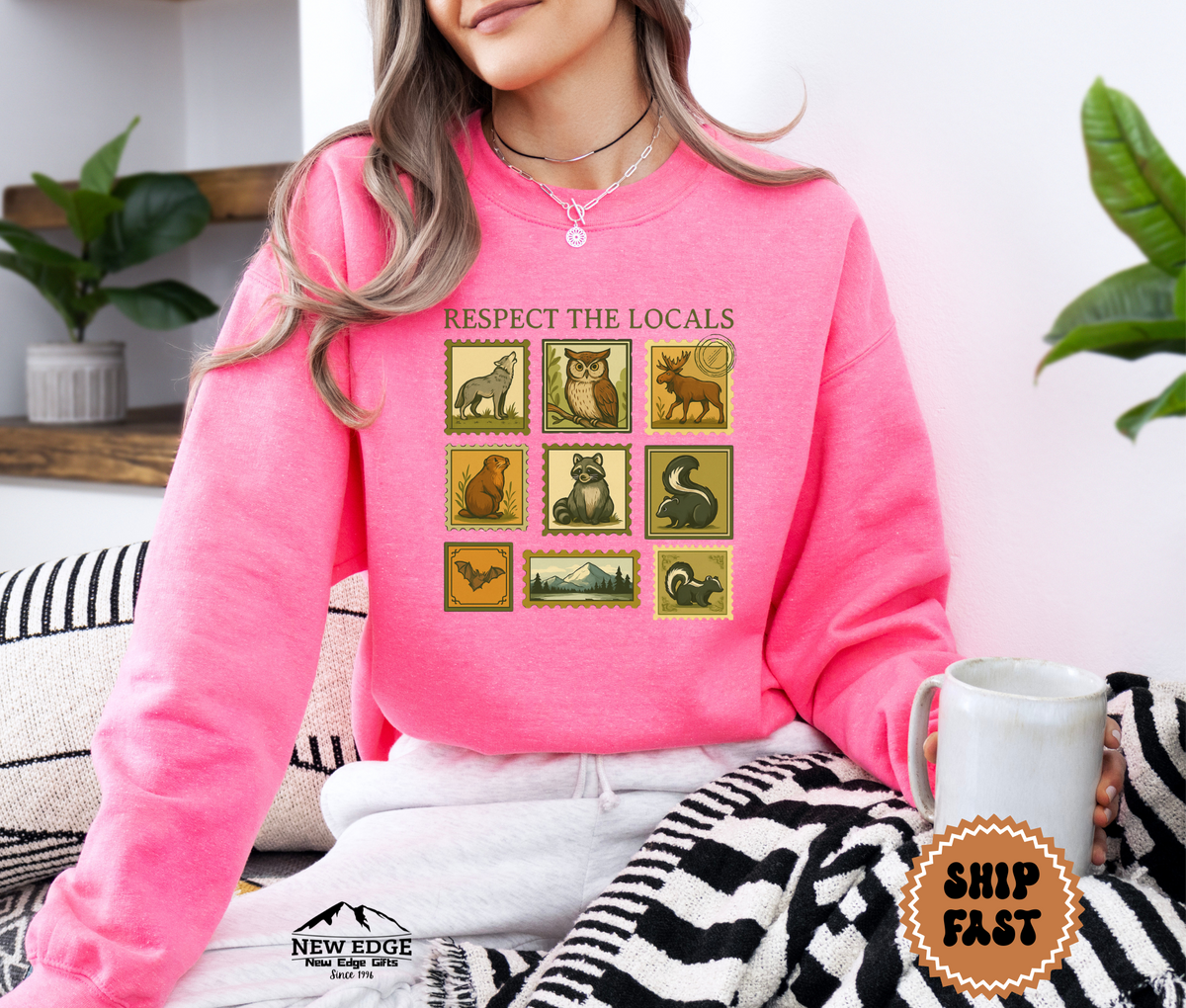 Unisex Respect the Locals Postage Stamp Wildlife Halloween Sweatshirt – Vintage Nature Animal Cozy Fall Pullover