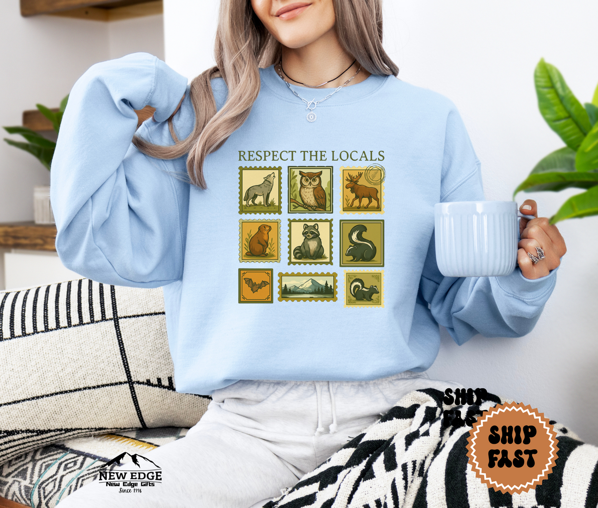 Unisex Respect the Locals Postage Stamp Wildlife Halloween Sweatshirt – Vintage Nature Animal Cozy Fall Pullover