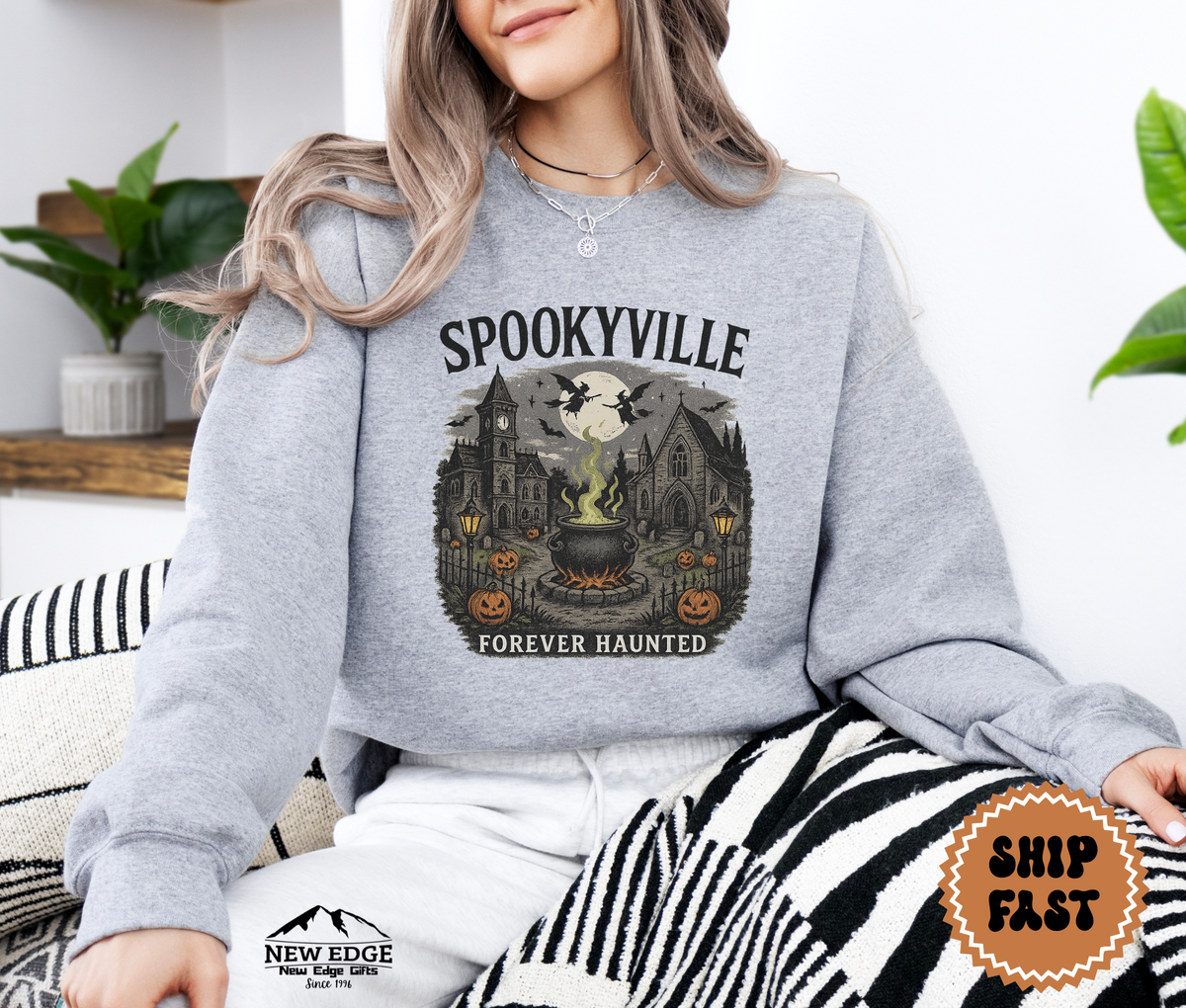 Unisex Spookyville “Forever Haunted” Halloween Sweatshirt | Gothic Haunted Pullover | Cozy Spooky Season Crewneck
