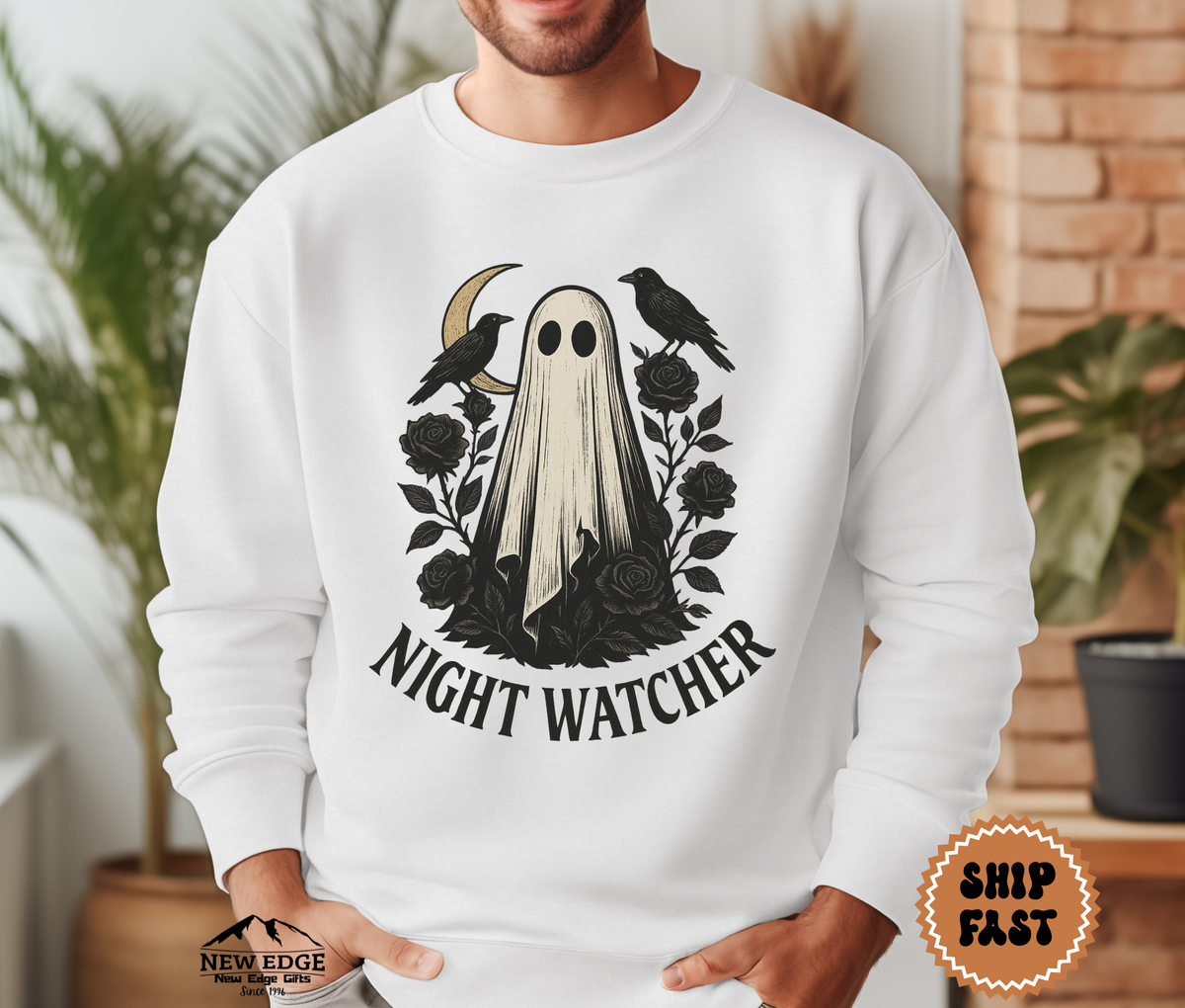 Unisex Night Watcher Halloween Sweatshirt | Gothic Ghost Crewneck Pullover | Spooky Season Sweater