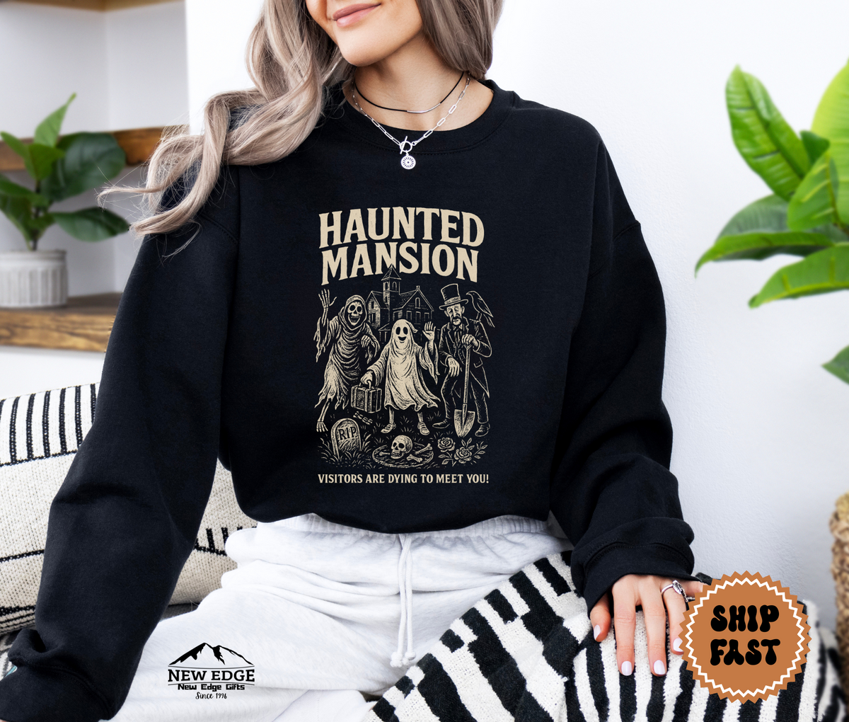 Unisex Haunted Mansion “Visitors Are Dying to Meet You” Halloween Sweatshirt | Gothic Haunted House Crewneck Pullover