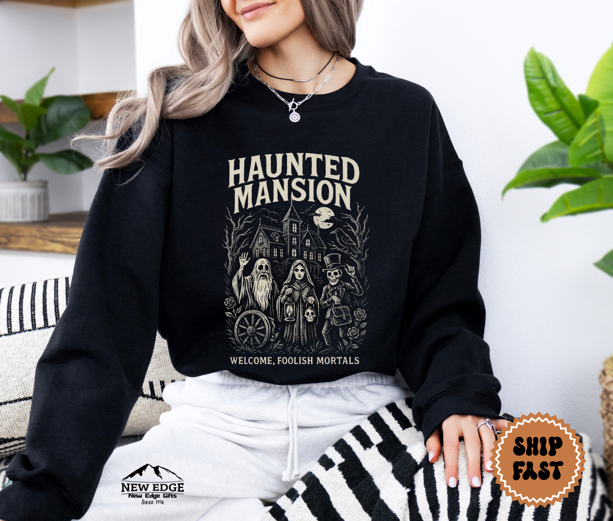 Unisex Haunted Mansion “Welcome, Foolish Mortals” Halloween Sweatshirt | Gothic Haunted House Crewneck Pullover