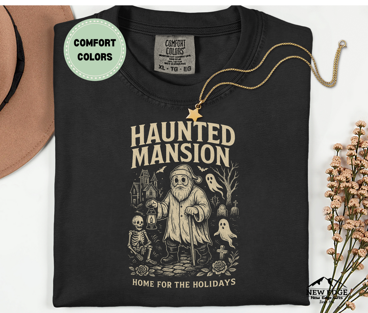 Unisex Comfort Colors Haunted Mansion Home for the Holidays Halloween T-Shirt | Gothic Christmas Ghost Graphic Tee
