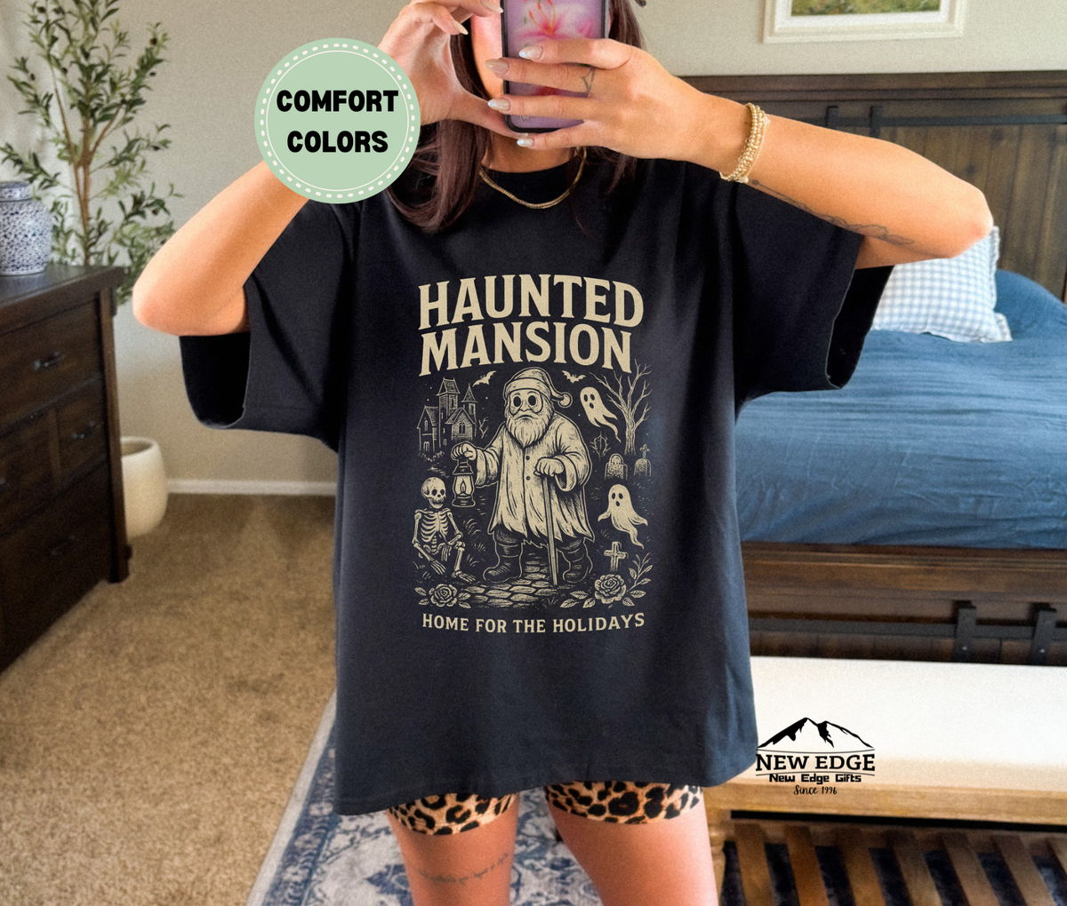 Unisex Comfort Colors Haunted Mansion Home for the Holidays Halloween T-Shirt | Gothic Christmas Ghost Graphic Tee