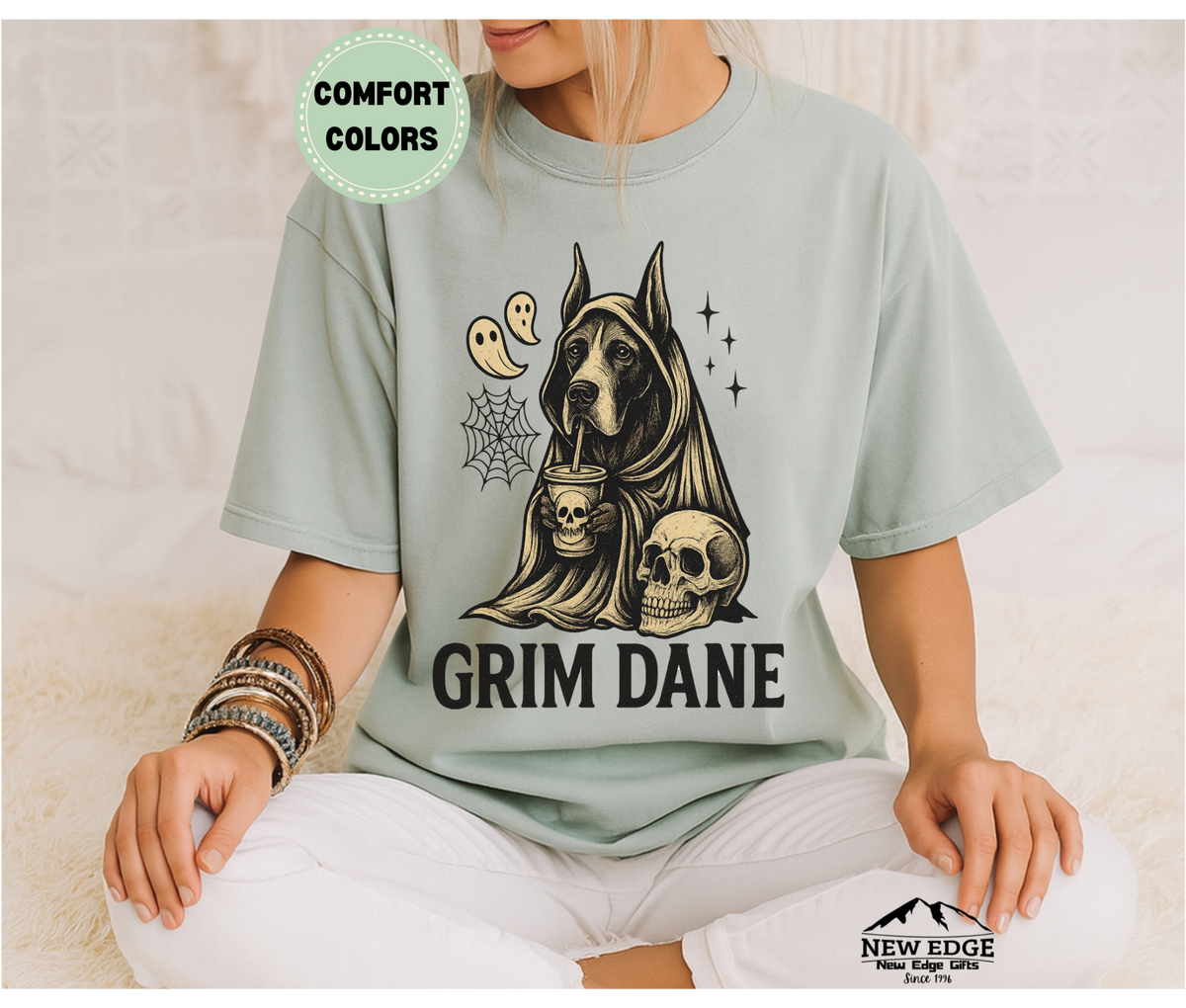 Unisex Comfort Colors Grim Dane Halloween T-Shirt | Spooky Great Dane Dog Pun Tee