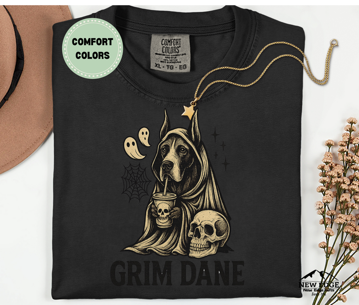 Unisex Comfort Colors Grim Dane Halloween T-Shirt | Spooky Great Dane Dog Pun Tee