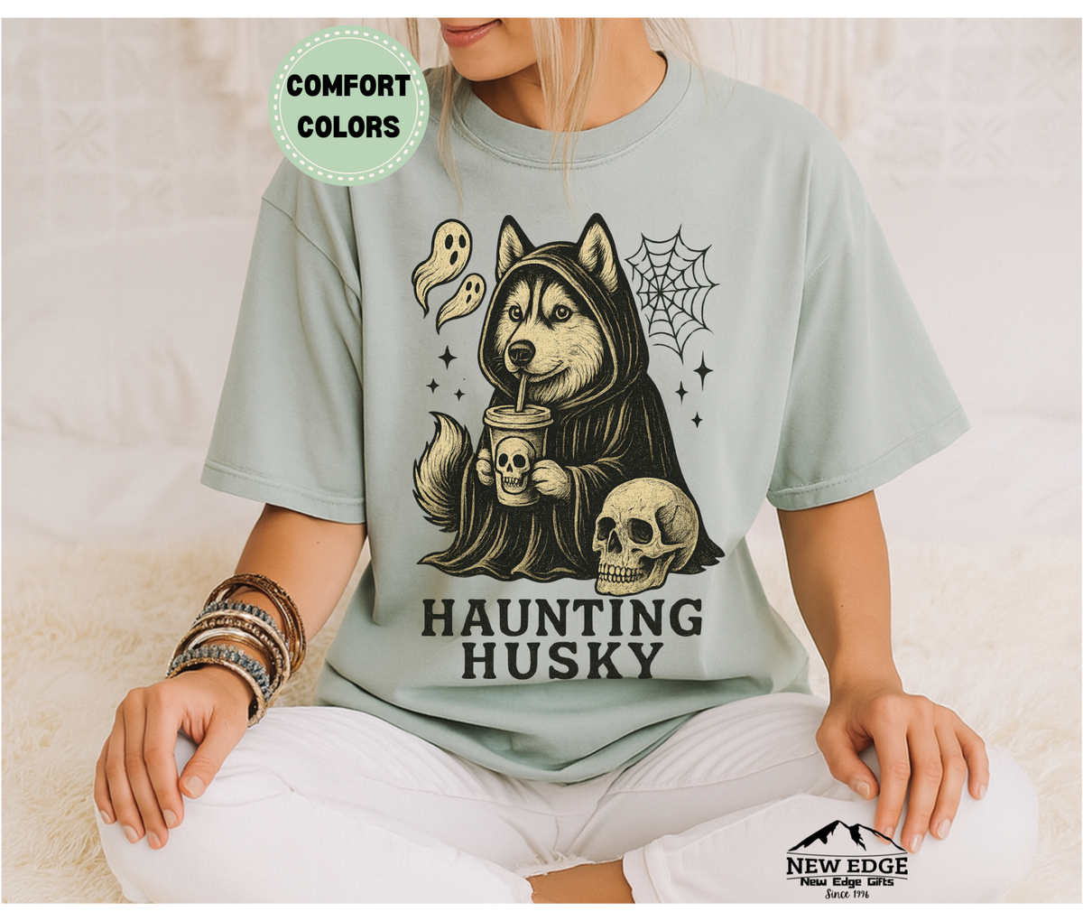 Unisex Comfort Colors Haunting Husky Halloween T-Shirt | Spooky Dog Pun Tee