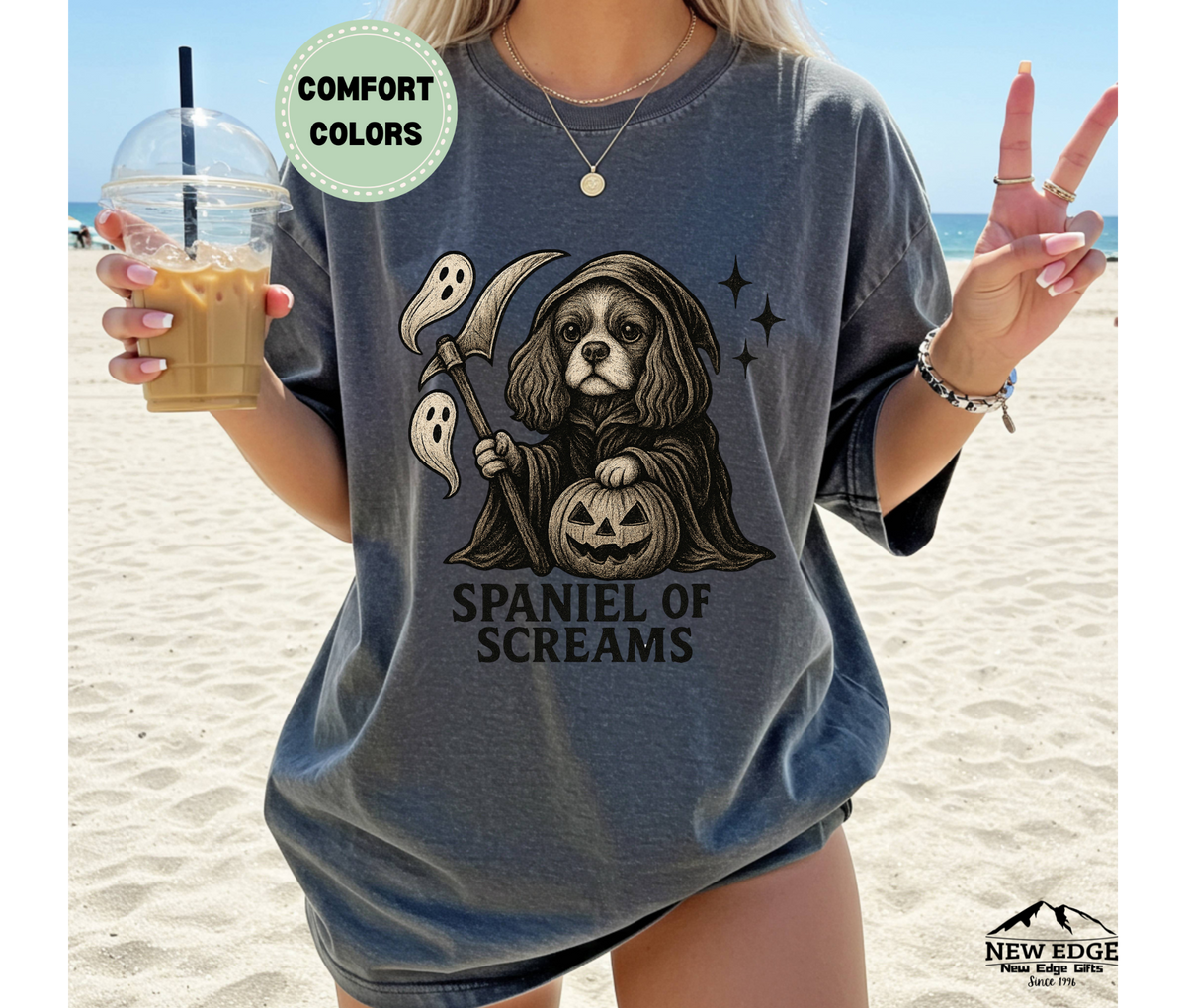 Unisex Comfort Colors Cavalier Spaniel – Spaniel of Screams Halloween T-Shirt | Spooky Dog Pun Tee