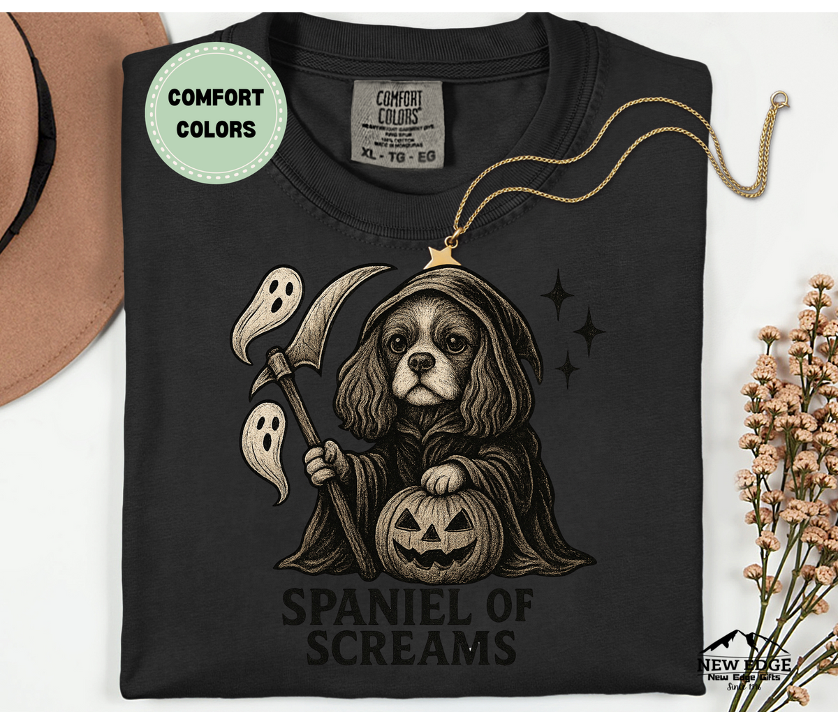 Unisex Comfort Colors Cavalier Spaniel – Spaniel of Screams Halloween T-Shirt | Spooky Dog Pun Tee
