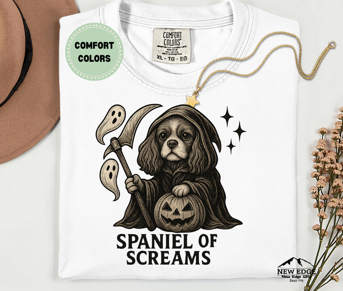 Unisex Comfort Colors Cavalier Spaniel – Spaniel of Screams Halloween T-Shirt | Spooky Dog Pun Tee
