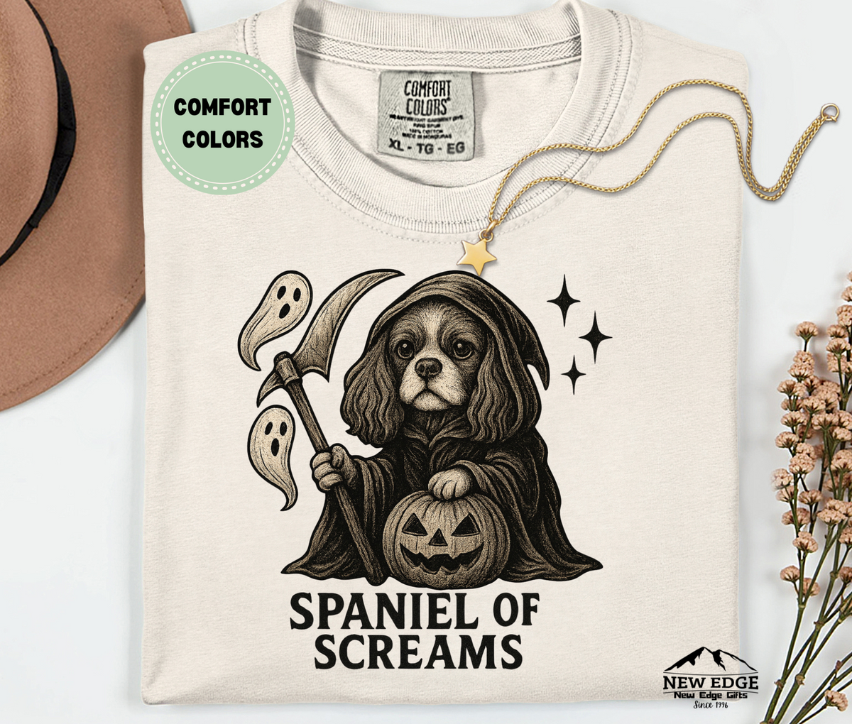 Unisex Comfort Colors Cavalier Spaniel – Spaniel of Screams Halloween T-Shirt | Spooky Dog Pun Tee