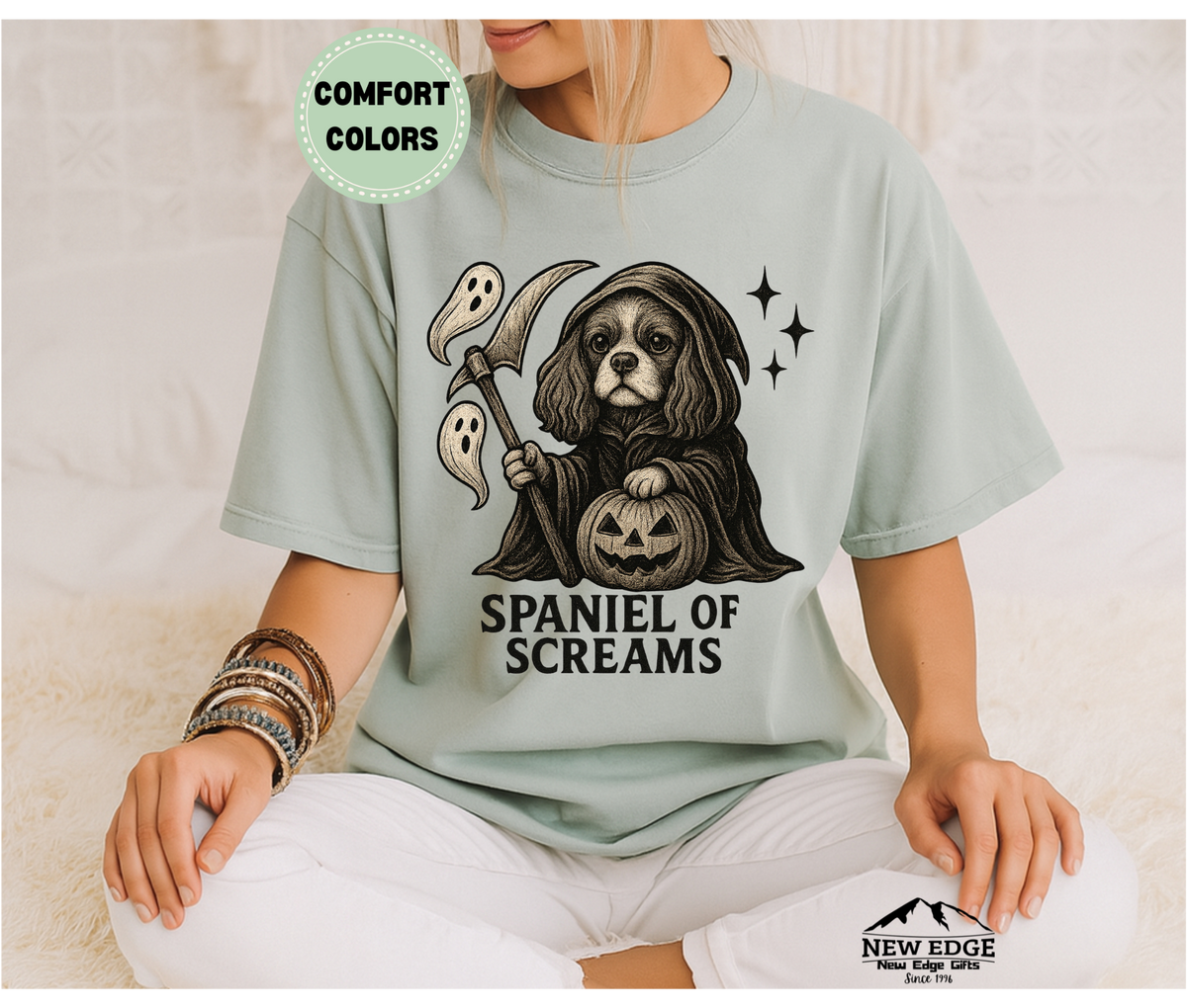 Unisex Comfort Colors Cavalier Spaniel – Spaniel of Screams Halloween T-Shirt | Spooky Dog Pun Tee