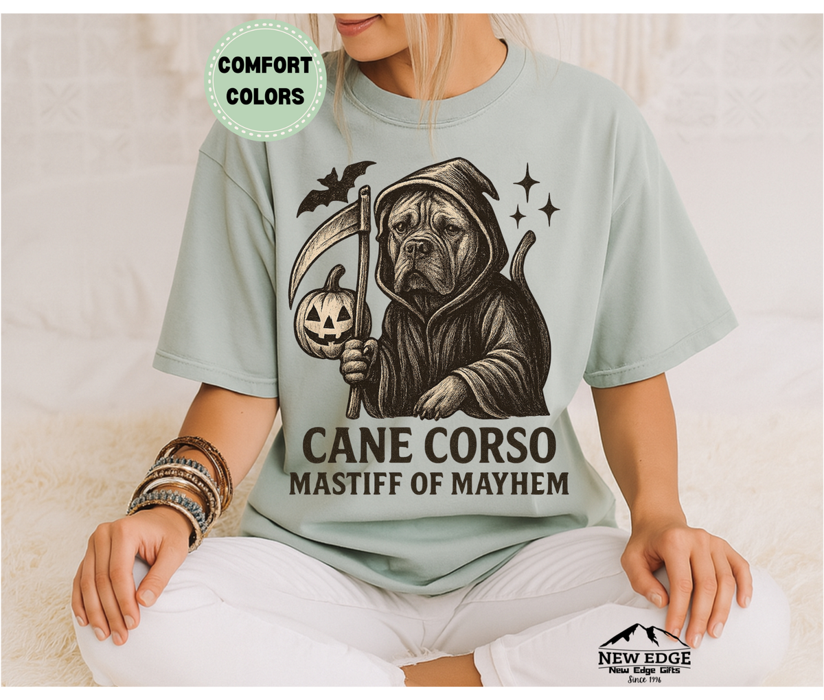 Unisex Comfort Colors Cane Corso – Mastiff of Mayhem Halloween T-Shirt | Spooky Dog Pun Tee