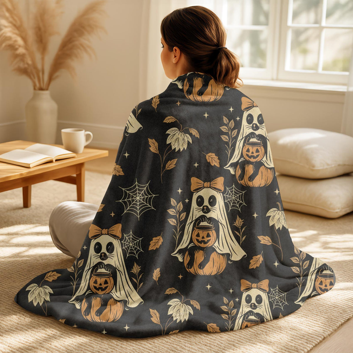 Velveteen Raccoon Ghost & Pumpkin Halloween Blanket – Soft Spooky Fall Throw