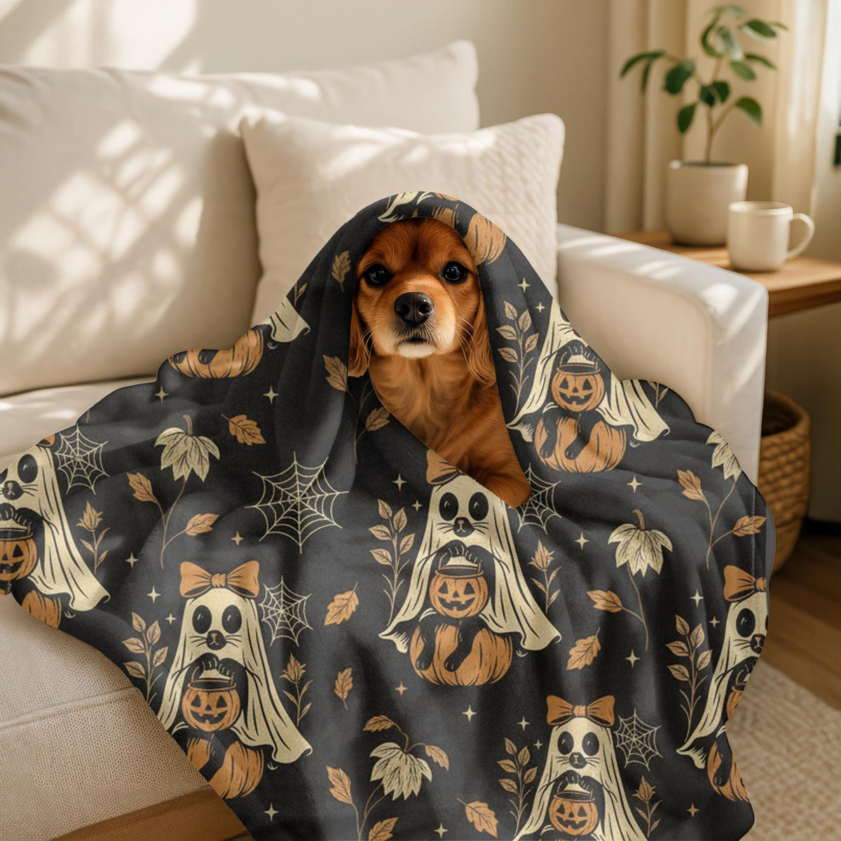 Velveteen Raccoon Ghost & Pumpkin Halloween Blanket – Soft Spooky Fall Throw