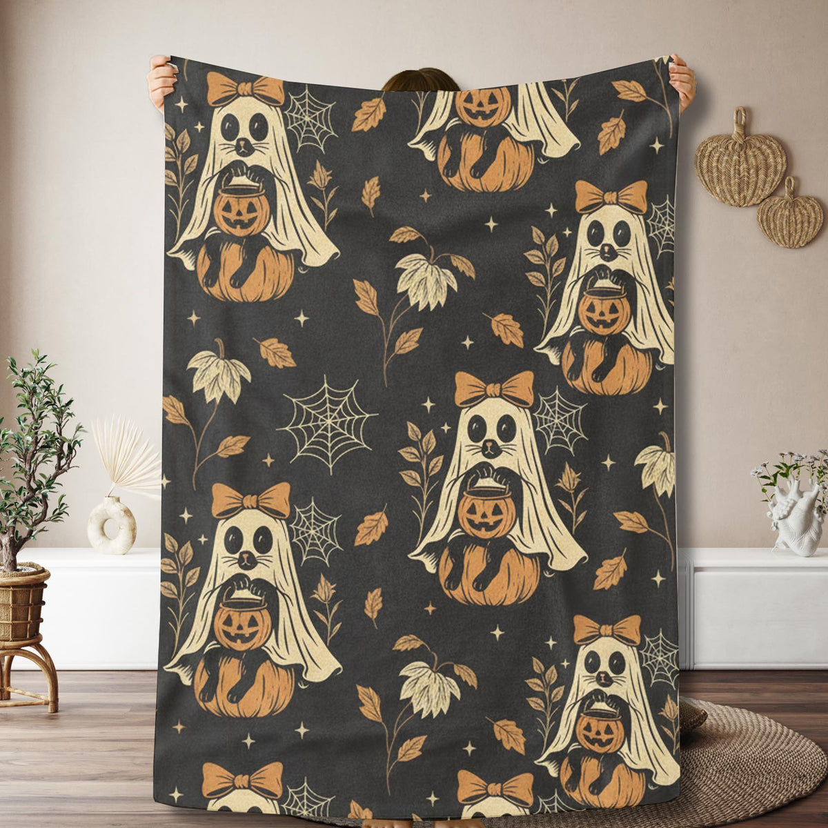 Velveteen Raccoon Ghost & Pumpkin Halloween Blanket – Soft Spooky Fall Throw