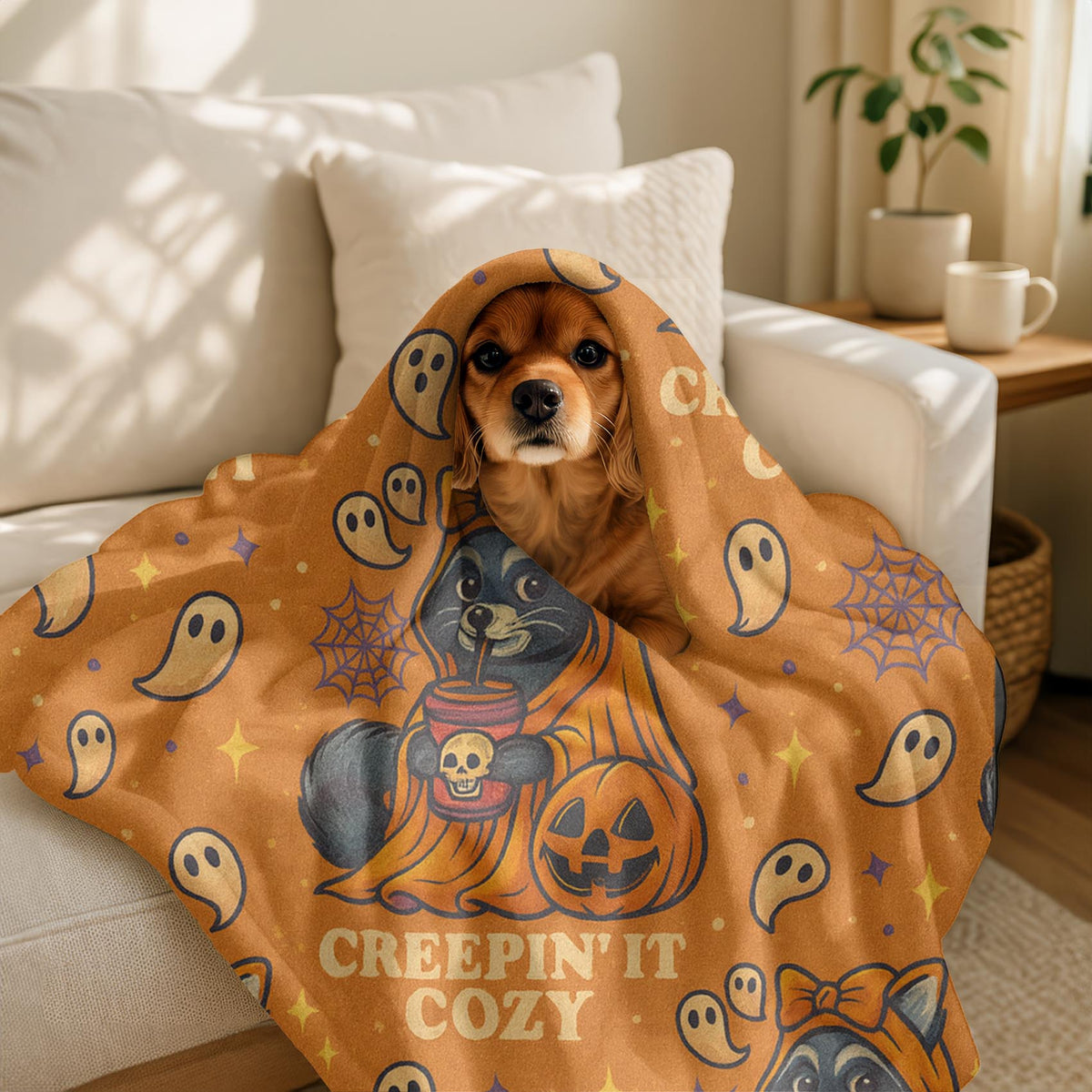 Velveteen Creepin’ It Cozy Raccoon Halloween Blanket – Soft Spooky Fall Throw