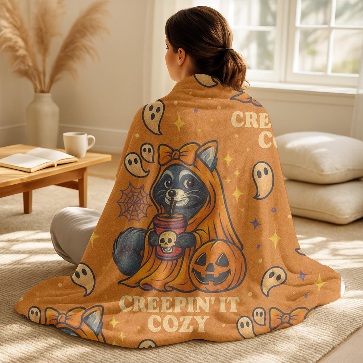 Velveteen Creepin’ It Cozy Raccoon Halloween Blanket – Soft Spooky Fall Throw