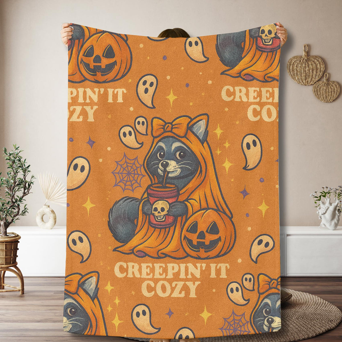 Velveteen Creepin’ It Cozy Raccoon Halloween Blanket – Soft Spooky Fall Throw
