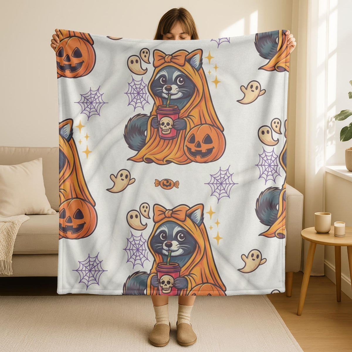Velveteen Creepin’ It Cozy Raccoon Halloween Blanket – Cute Spooky Fall Throw