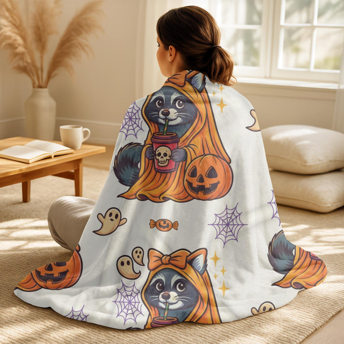 Velveteen Creepin’ It Cozy Raccoon Halloween Blanket – Cute Spooky Fall Throw