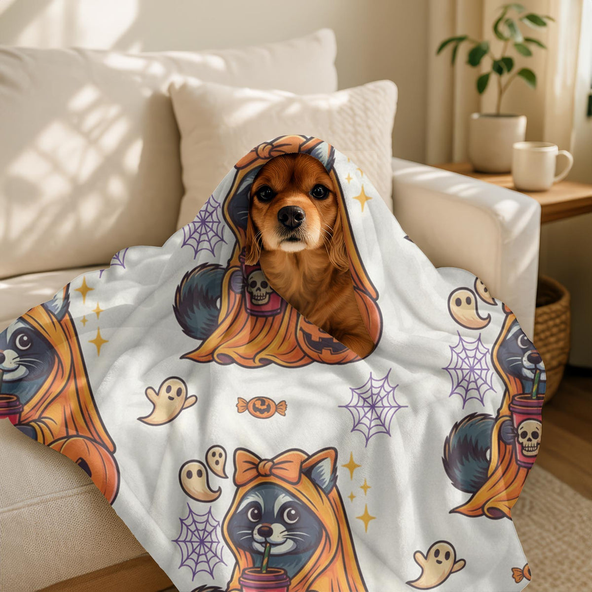 Velveteen Creepin’ It Cozy Raccoon Halloween Blanket – Cute Spooky Fall Throw