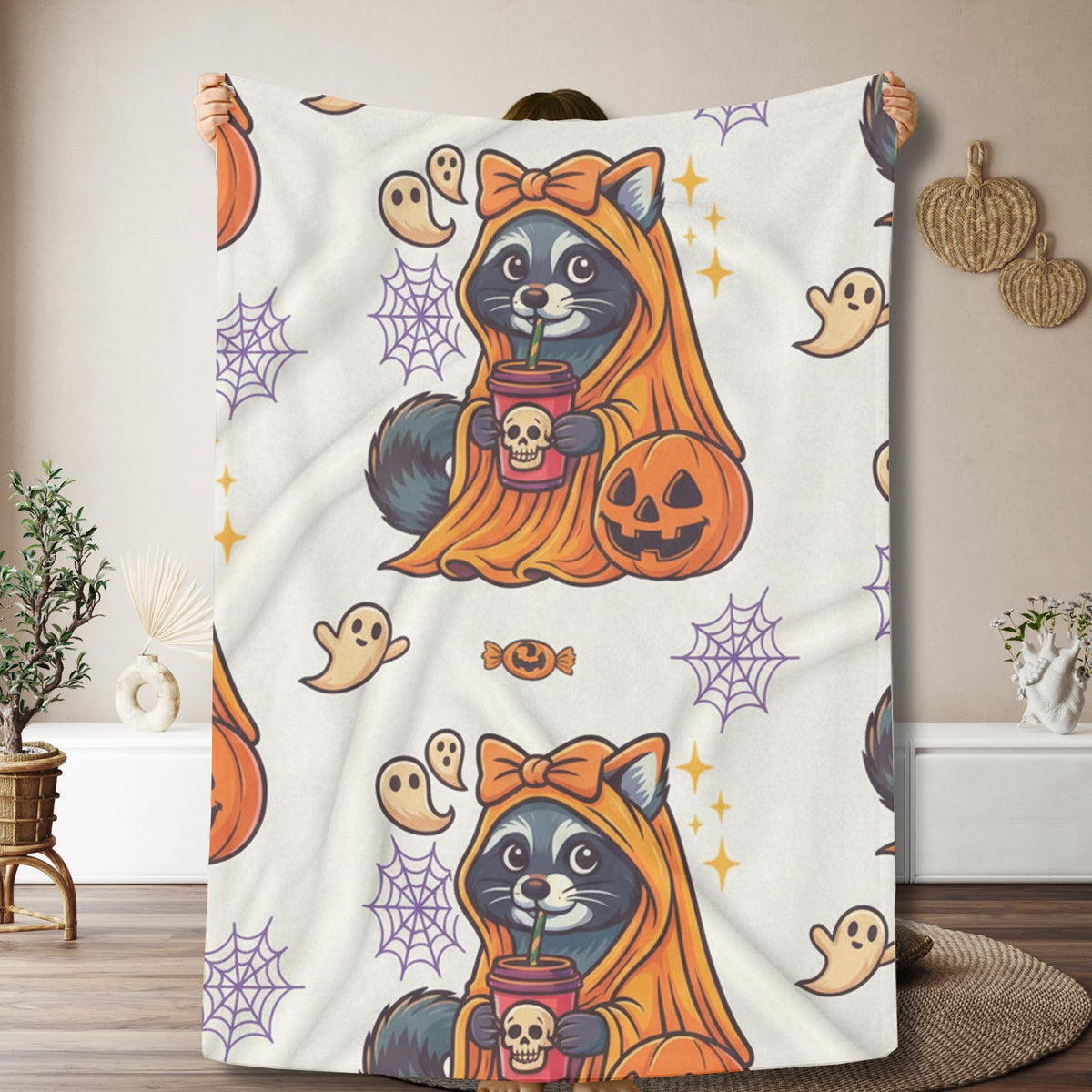 Velveteen Creepin’ It Cozy Raccoon Halloween Blanket – Cute Spooky Fall Throw